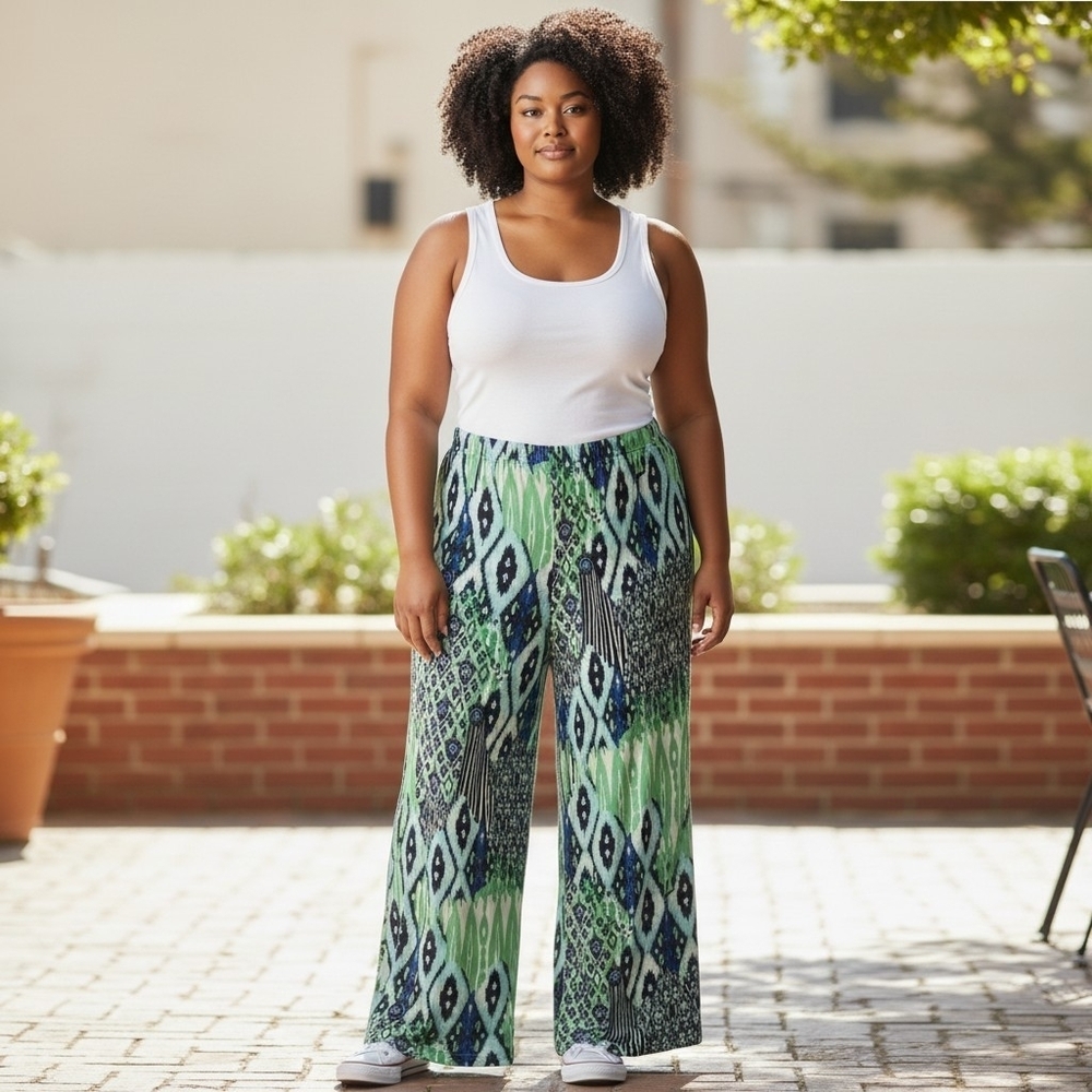 Chico's Travelers Cool Ikat Palazzo Pants 2 L Green Blue Slinky Wide Leg Boho